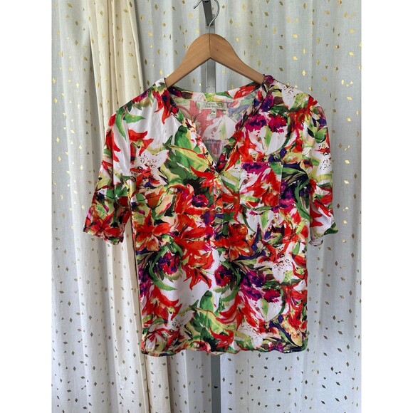 Palm Harbor Tropical Watercolor Leaves Quarte Button Pull Over Shirt Petite M - Picture 2 of 5